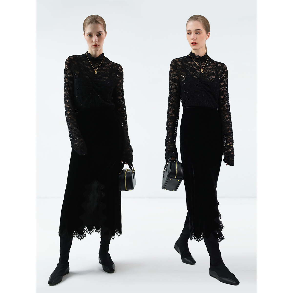 COCOBELLA优雅气质蕾丝拼接丝绒半身裙秋冬开叉垂坠小黑裙HS3097 - 图0