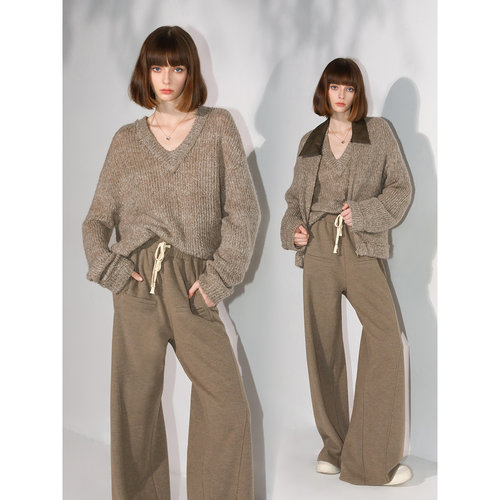 COCOBELLA细腻柔软针织糯米裤复古宽松遮胯秋冬休闲直筒裤PA0001 - 图0