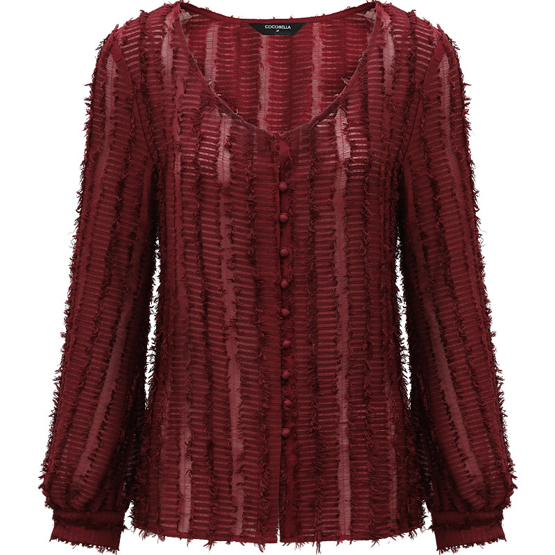 COCOBELLA[安哥拉红]重工提花流苏衬衫女气质通勤雪纺衫LC516,淘宝优惠券,粉丝福利购,淘宝优惠卷