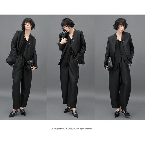 COCOBELLA职场通勤廓形黑色西裤女丝光质感宽松烟管裤PA547 - 图2