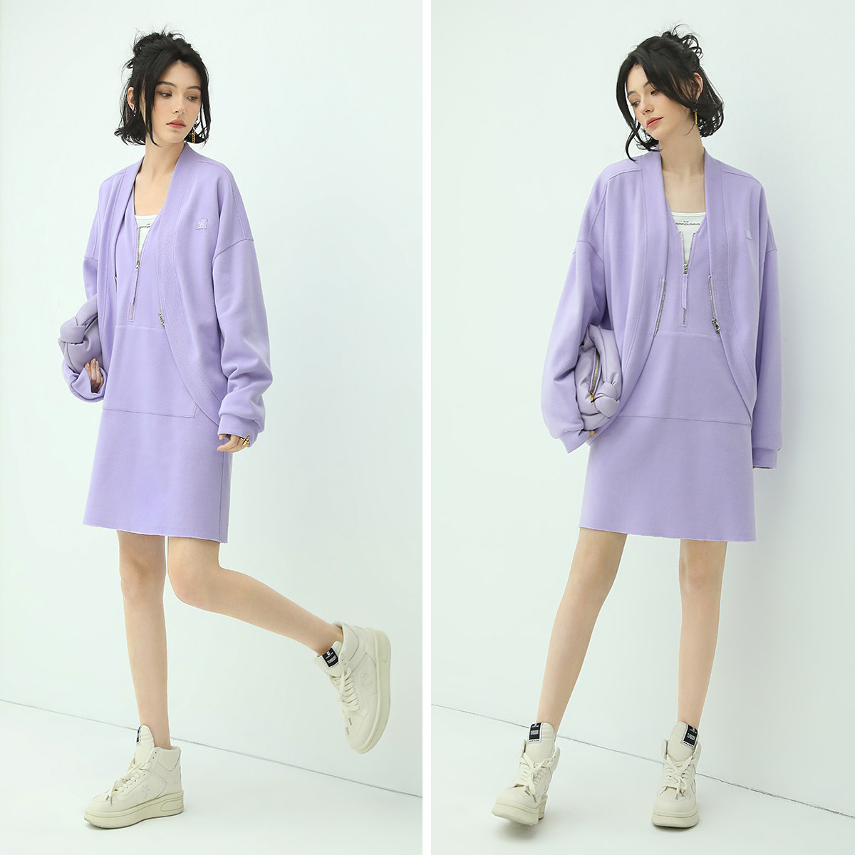 COCOBELLA绝绝紫穿搭大V领长袖针织连衣裙纯色系卫衣裙FR153,淘宝优惠券,粉丝福利购,淘宝优惠卷