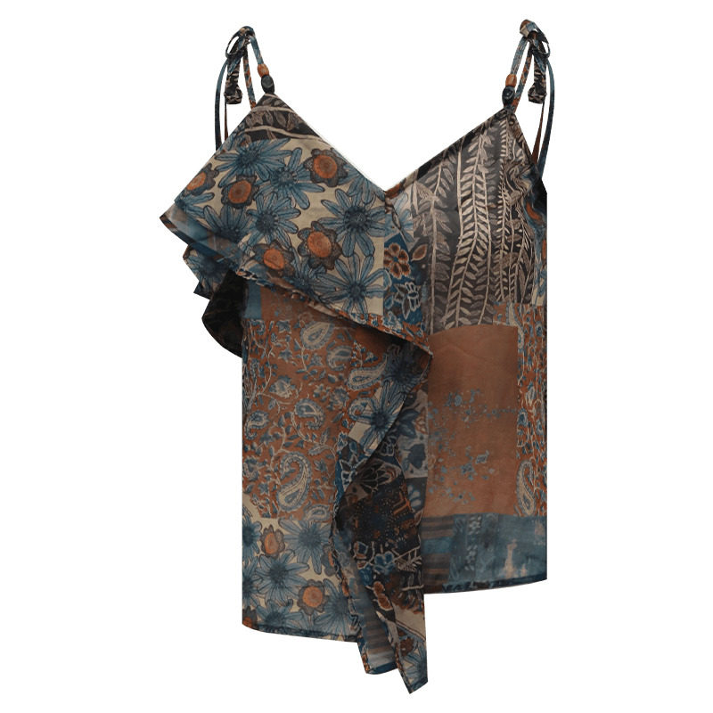 COCOBELLA立体荷叶边民族印花吊带女春夏轻盈绒雪纺背心VT7007,淘宝优惠券,粉丝福利购,淘宝优惠卷