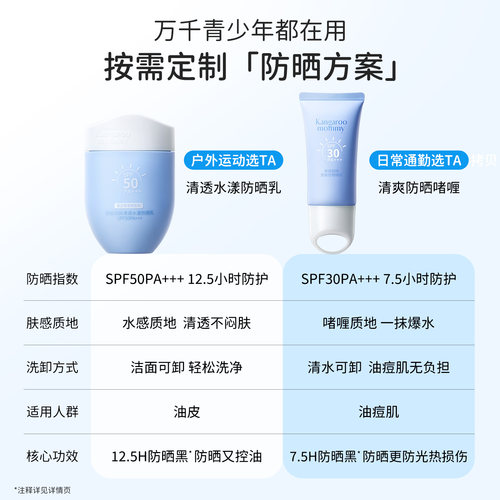 [日常户外]袋鼠妈妈青少年防晒霜儿童男女学生专用隔离乳清爽啫喱 - 图0