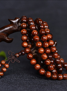 正宗海南黄花梨手链108颗8mm紫油梨鬼脸水波老料海黄佛珠手串1012