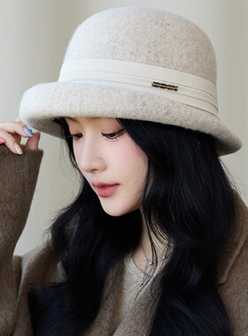 法式气质羊毛呢帽子女卷边渔夫帽