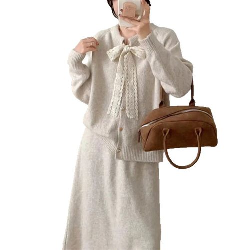 韩系蕾丝花边拼接圆领针织套装女春秋新款蝴蝶结毛衣半身裙两件套 - 图3