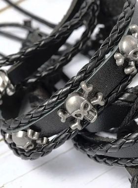 6pcs/Set Black Punk Skull & Star Shaped Alloy & Pu Leather