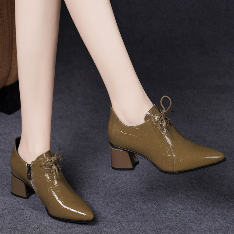 金特 百丽尖头粗跟单鞋女2025春新款英伦复古系带深口气质高跟鞋,淘宝优惠券,粉丝福利购,淘宝优惠卷