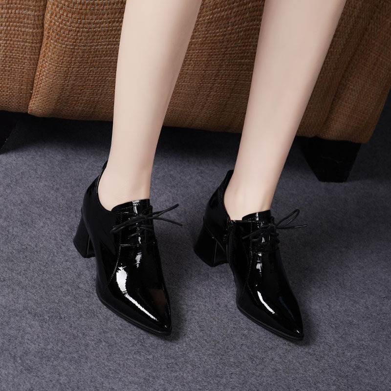 金特 百丽尖头粗跟单鞋女2025春新款英伦复古系带深口气质高跟鞋,淘宝优惠券,粉丝福利购,淘宝优惠卷