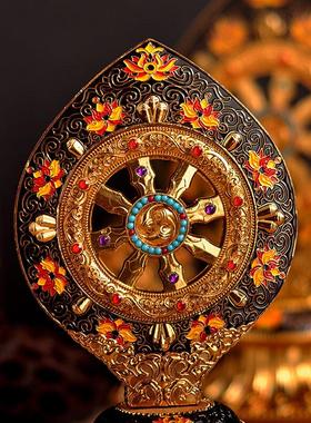 尼泊尔工艺藏佛供品 合金鎏金彩绘珐琅 大号法轮宝 密宗 摆件