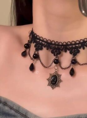黑色蕾丝镂空花边流苏项链女颈链choker锁骨链暗黑系项圈高颜值