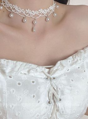 万圣节复古蕾丝花边珍珠吊坠流苏颈链choker洛丽塔颈带锁骨链项链