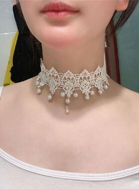韩国复古超仙白色蕾丝珍珠吊坠项圈choker甜美温柔短款颈带锁骨链