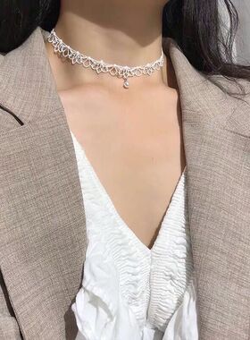 仙美蕾丝花边choker一颗珍珠吊坠颈链韩国个性款项链女锁骨链X356