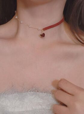 choker高级感小众锁骨链女红色爱心珍珠颈链项圈脖子配饰项链