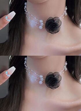 新珍珠花朵颈链choker脖子配饰设计小众项链女脖子花朵配饰山茶花