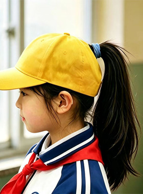 儿童小学生夏季遮阳防晒半空顶女生高马尾上下学出游安全小黄帽子