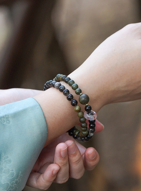 绿檀黑曜石五行补木水手串女款