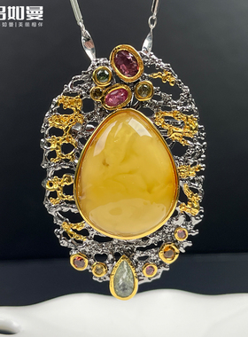 吕如曼925银蜜蜡镶嵌水滴女2025新款送女朋友礼物银镶胸针吊坠