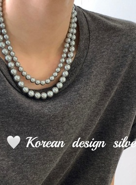 韩国ins博主同款饰品 S925纯银项链施家珍珠灰色正圆个性锁骨链女