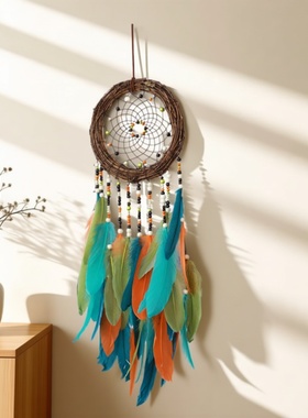 森系羽毛装饰藤圈铺梦网挂件吊饰