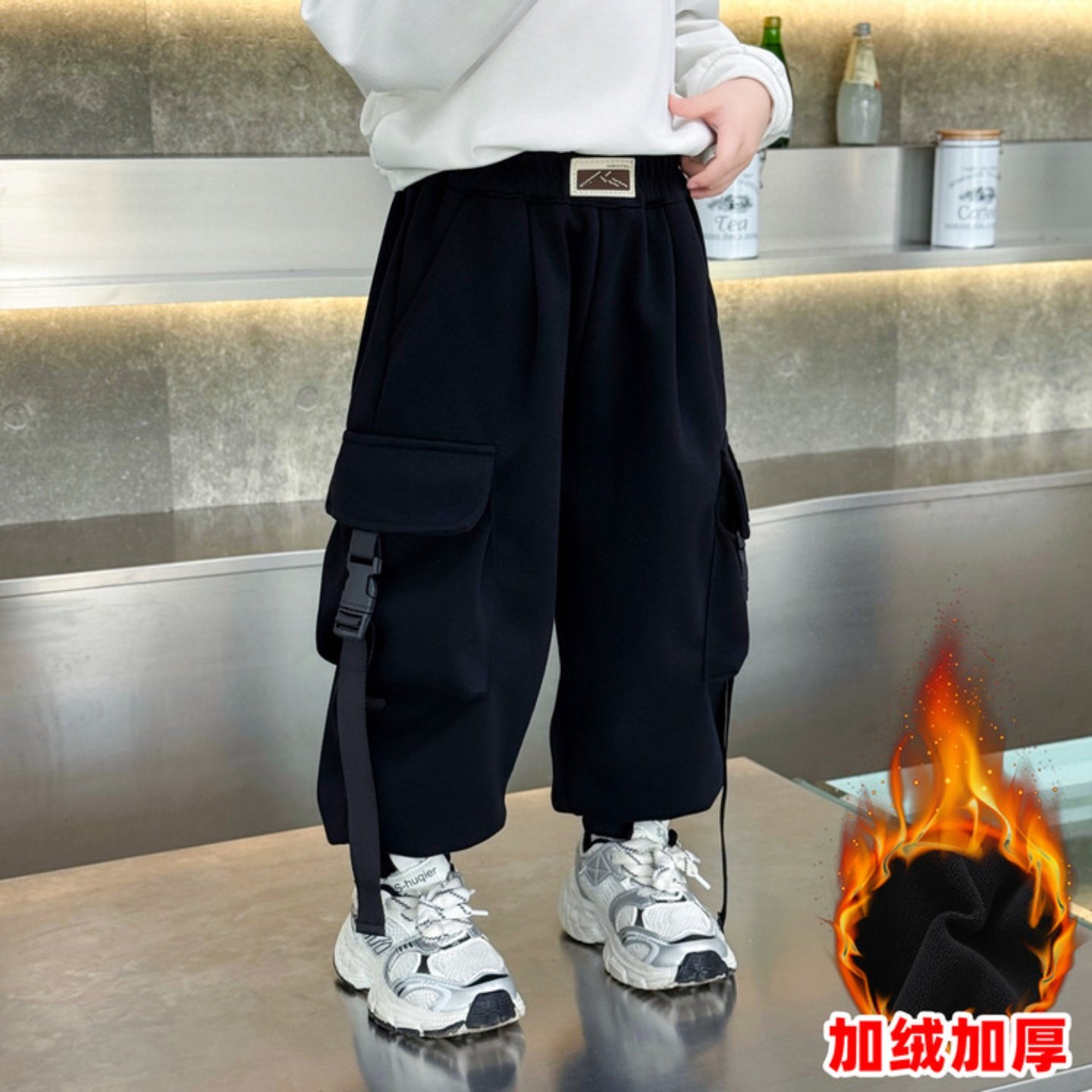 男童工装裤加绒加厚秋冬装2025新款儿童炸街裤子洋气男孩束脚裤潮,淘宝优惠券,粉丝福利购,淘宝优惠卷