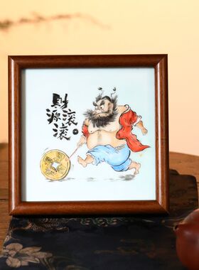 中式招财桌面摆台手绘钟馗瓷板画