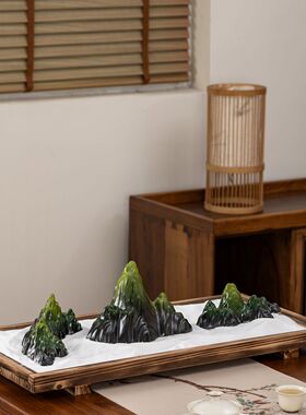 景德镇陶瓷山子摆件翠绿千里江山