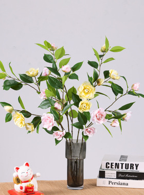 仿真2叉山茶花多头茶花高枝假花仿真花摆件家居酒店婚庆软装