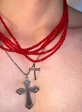 复古多层红项链水晶串珠钛钢亚