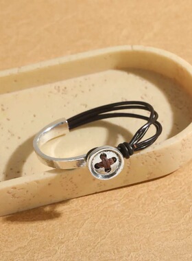 波西米亚复古vtg纽扣手环镯皮绳