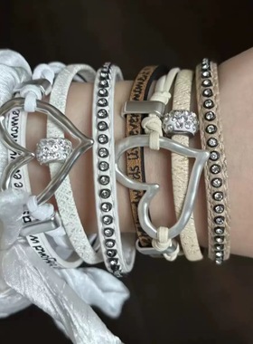 波西米亚y2k爱心多层皮革手链女
