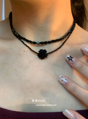 棠洛 双层黑色玫瑰花串珠锁骨链女甜酷叠戴项链日常百搭颈链短链