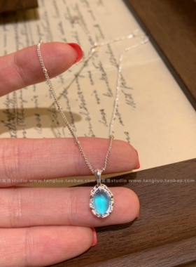 ‘瓦尔登湖’蓝色幻彩猫眼石吊坠锁骨链女个性独特巨好看毛衣链潮