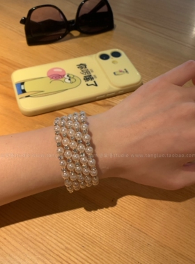 【棠洛】金色潘多拉 爆闪珍珠金属手镯女复古镶钻手环辣妹手饰品