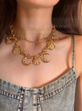 日月流苏人像吊坠金属项链