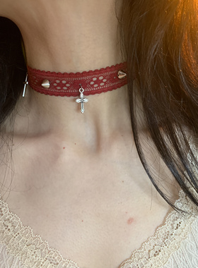 棠洛 酒红蕾丝铆钉choker颈链女辣妹独特亚文化项圈秋冬红色项链