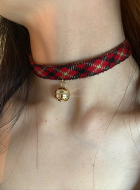 棠洛 圣诞氛围红格子铃铛颈链choker女小众独特亚文化项圈高级感