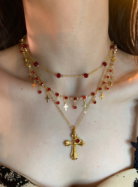 楼兰美神 一条多层金色十字架流苏项链女波西米亚风锁骨链高级感