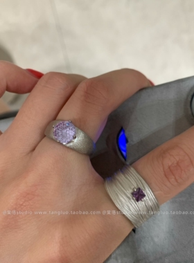 小众设计感 紫色烟花切戒指女个性银灰色做旧食指戒指冷淡风指环