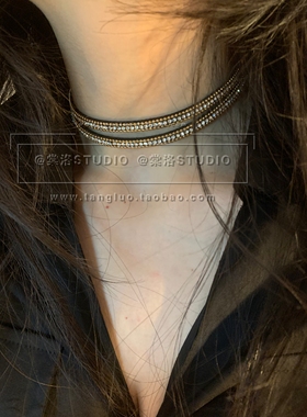 棠洛 双圈款 麂皮闪钻choker颈链女个性波西米亚风项圈甜酷颈带潮