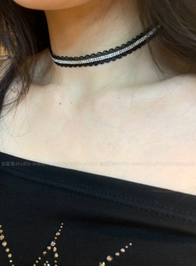 【棠洛】暗夜天使 黑色蕾丝波浪边闪钻choker颈链女氛围感锁骨链