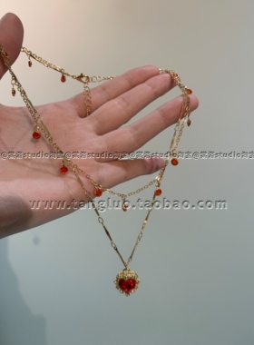 棠洛｜红色软皮革锆石choker颈链女叠戴流苏爱心项链辣妹显白配饰