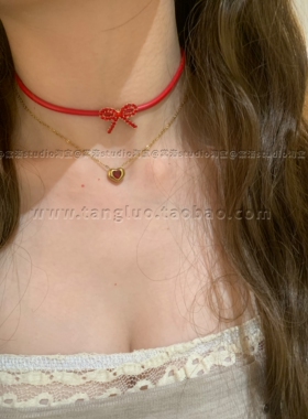 涩谷辣妹蝴蝶结choker颈链叠戴红色锆石爱心锁骨链小众百搭锁骨链