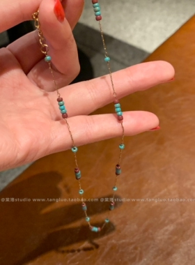 复古酒红撞色绿松锁骨链女vintage极细颈链日常高级感显白项链潮