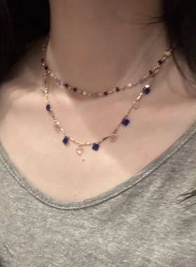 超显白！蓝色水晶串珠锁骨链女双层叠戴颈链日常高级感百搭choker