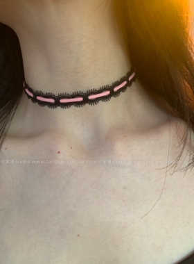 【棠洛】黑粉睫毛蕾丝choker颈链女撞色织带锁骨链小众辣妹项圈潮