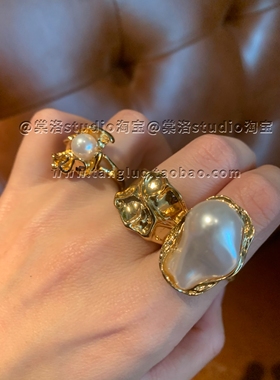 波西米亚风夸张不规则戒指女异形珍珠叠戴金色食指戒指辣妹指环潮