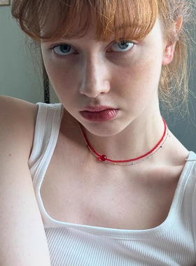 手作款 显白的红色圆珠尖晶石choker项圈女短款高级感锁骨链百搭