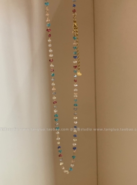 彩色天然石锁骨链叠戴水滴亮片项链女钛钢春夏项链高级感百搭颈链